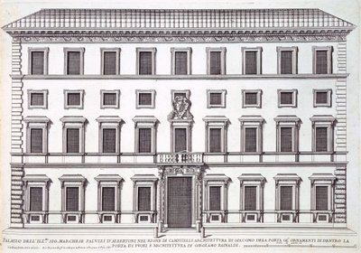 Uitzicht op de Gevel van Palazzo Marchese, Rome, ontworpen door Giacomo della Porta en Girolamo Rainaldi door Giovanni Battista Falda